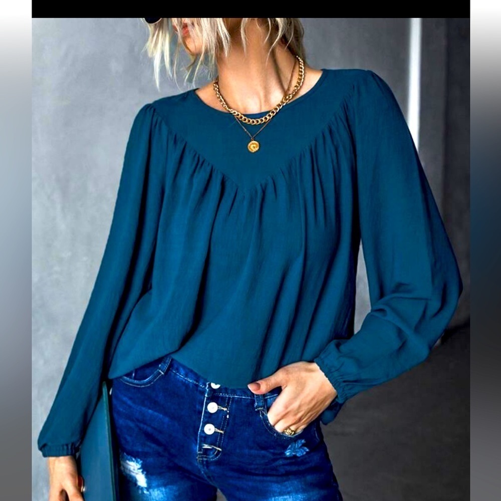 SHEIN Solid Bishop Sleeve Blouse blue size L